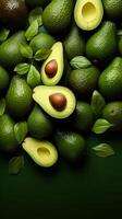 ai generado nutritivo Rico monitor Fresco aguacates arreglado en lozano verde antecedentes vertical móvil fondo de pantalla foto