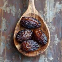 AI generated Nutrient rich display Medjool dates in wooden spoon, perfect Ramadan imagery For Social Media Post Size photo