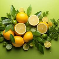 AI generated Fruity delight Citrus assortment with green leaves on green background For Social Media Post Size photo