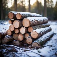 AI generated Winter stockpile Sawn pine tree trunks in a snowy forest For Social Media Post Size photo