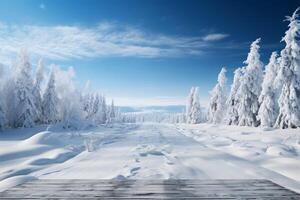 AI generated Frozen beauty Snow covered trees create a picturesque winter scene photo