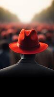 ai generado vívido rojo sombrero comandos atención en medio de brumoso multitud fondo vertical móvil fondo de pantalla foto