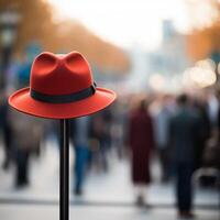 AI generated Red hat pops on pole, a standout in bustling crowd For Social Media Post Size photo