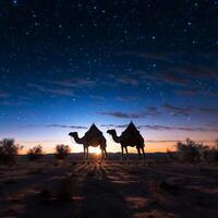 ai generado oscuridad encantamiento dos camellos silueta en contra estrellado cielo a crepúsculo para social medios de comunicación enviar Talla foto