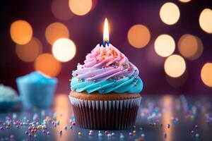 AI generated Photo Sweet celebration Birthday cupcake with burning candle on bokeh background