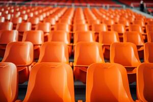 AI generated Stadium solitude Rows of empty orange seats in soccer arena photo