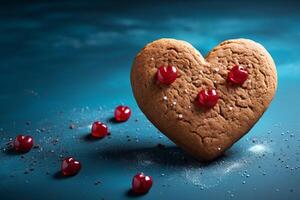 ai generado horneado afecto corazón conformado Galleta con rojo corazón en azul fondo foto