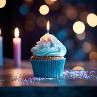 AI generated Candlelit delight Birthday cupcake with blue bokeh background For Social Media Post Size photo