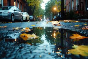 ai generado lluvioso paisaje urbano urbano calle refleja nublado cielo en enviar tormenta de lluvia charcos foto