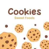 cartoon illustration of chocolate chip butter cookies with copy space for text in the form of a banner or background vector