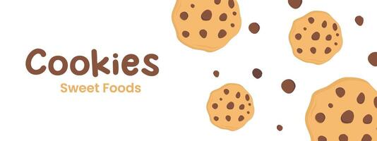 cartoon illustration of chocolate chip butter cookies with copy space for text in the form of a banner or background vector