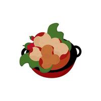 flat illustration of boiled meatballs in a red pot isolated on a white background vector