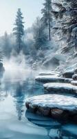 AI generated Misty retreat Winter hot springs covered in frost with text space Vertical Mobile Wallpaper photo