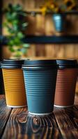 AI generated Eco friendly choices Reusable coffee cups displayed on rustic table background Vertical Mobile Wallpaper photo