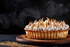 AI generated Citrus indulgence Delicious Lemon Meringue Pie against dark backdrop photo