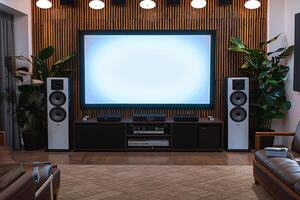 AI generated Mini Home Theater on white wall, big screen, audio equipment photo