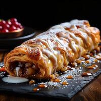 ai generado tentador postre delicioso manzana strudel presentado en un oscuro antecedentes para social medios de comunicación enviar Talla foto