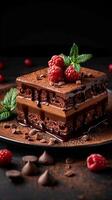 AI generated Irresistible dessert Chocotorta showcased on a dark background with text Vertical Mobile Wallpaper photo