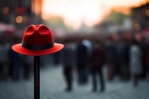 AI generated Red hat pops on pole, a standout in bustling crowd photo