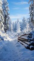 ai generado Nevado bosque escena registros y arboles cubierto en nieve vertical móvil fondo de pantalla foto