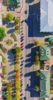 vertical aerial panoramic view over residential area with highway and  historic buildings video