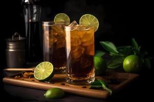 AI generated Dark and Stormy - Originated in Bermuda, made with dark rum, ginger beer, and lime juice photo