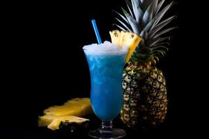 ai generado azul Hawai - originada en el unido estados, hecho con Ron, piña jugo, azul curazao, y dulce y agrio mezcla foto