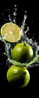 AI generated This tall photo captures the graceful freefall of glistening limes and water, their succulent forms suspended in midair, on a black background showcasing the dynamic beauty of nature