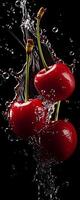 AI generated This tall photo captures the graceful freefall of glistening cherries and water, their succulent forms suspended in midair, on a black background showcasing the dynamic beauty of nature