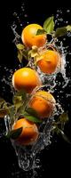 AI generated This tall photo captures the graceful freefall of glistening oranges and water, their succulent forms suspended in midair, on a black background showcasing the dynamic beauty of nature