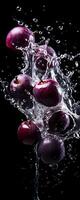 AI generated This tall photo captures the graceful freefall of glistening plums and water, their succulent forms suspended in midair, on a black background showcasing the dynamic beauty of nature