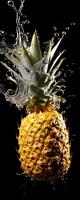 AI generated This tall photo captures the graceful freefall of glistening pineapple and water, their succulent forms suspended in midair, on a black background showcasing the dynamic beauty of nature