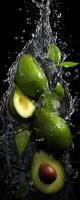 AI generated This tall photo captures the graceful freefall of avocados and water, their succulent forms suspended in midair, on a black background showcasing the dynamic beauty of nature's bounty