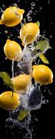 AI generated This tall photo captures the graceful freefall of glistening lemons and water, their succulent forms suspended in midair, on a black background showcasing the dynamic beauty of nature
