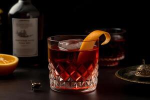 ai generado bulevar - originada en Europa, hecho con whisky, dulce Vermut, y Campari foto