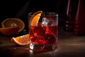 ai generado negroni - originada en Italia, hecho con Ginebra, Vermut, y Campari foto