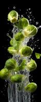 AI generated This tall photo captures the graceful freefall of brussel sprouts and water, their succulent forms suspended in midair, on a black background showcasing the beauty of nature's bounty