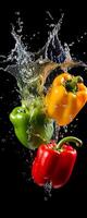 AI generated This tall photo captures the graceful freefall of bell peppers and water, their succulent forms suspended in midair, on a black background showcasing the dynamic beauty of nature's bounty