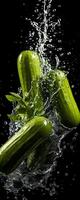 AI generated This tall photo captures the graceful freefall of cucumbers and water, their succulent forms suspended in midair, on a black background showcasing the dynamic beauty of nature's bounty