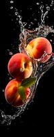 AI generated This tall photo captures the graceful freefall of glistening peaches and water, their succulent forms suspended in midair, on a black background showcasing the dynamic beauty of nature