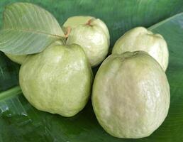 Picture of pile of fruits, fresh guava, banana leaves photo