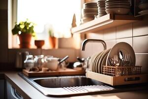 AI generated Kitchen counter window with sink for dish.Generative Ai. photo