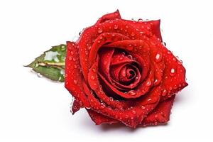 AI generated Beautiful red rose with water drops isolated on white background.Generative Ai. photo