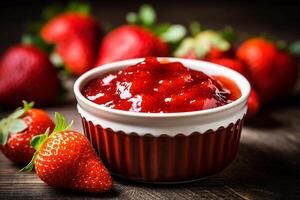 AI generated Fresh strawberry jam on wooden background.Generative Ai. photo