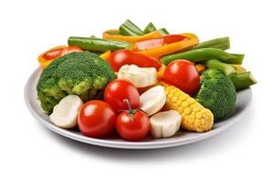 AI generated Mix of vegetables on white plate isolated on white background.Generative Ai. photo