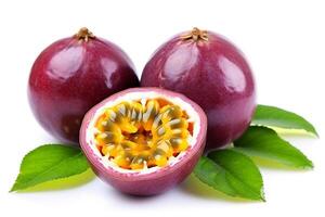 Purple passion fruit with leaf isolated on white background.Generative Ai. photo