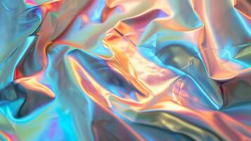 AI generated Iridescent Crinkled Fabric with smooth waves. Soft pastel teal, gold, blue background. AI Generated photo