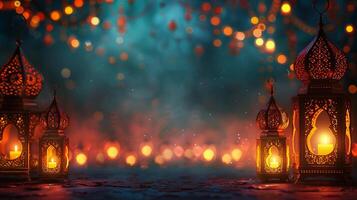 AI generated Abstract background with Eid al-Fitr lanterns on dark backdrop. Banner with copy space. AI Generated photo