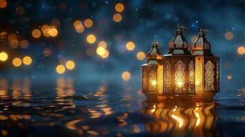 AI generated Water surface with golden lights of lanterns and stars. Dark Eid al-Fitr background. AI Generated photo