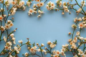 AI generated Spring flowers frame on blue background with copy space. Easter or springtime banner. AI Generated photo